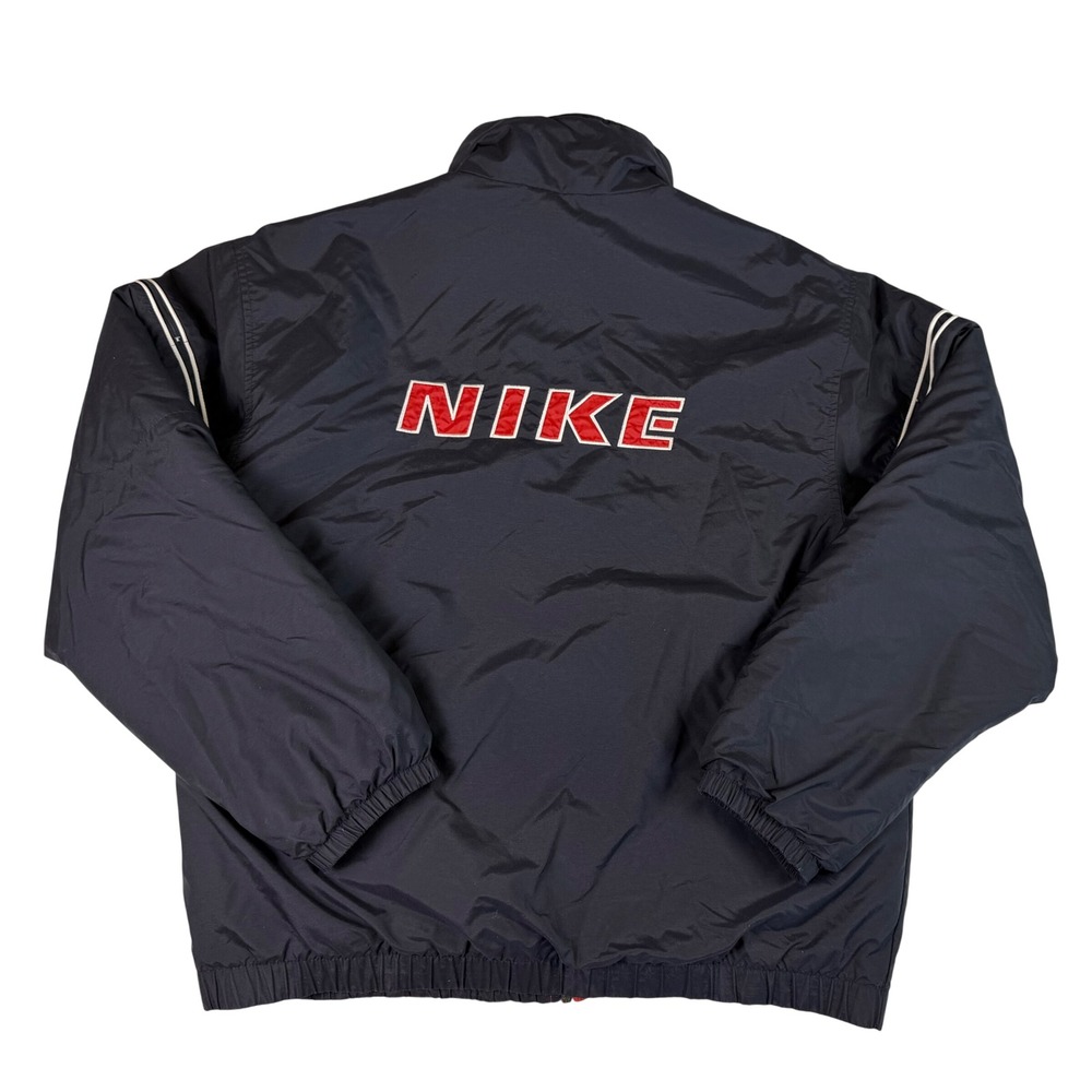 Vtg Nike Puffer Jacket Black Red Embroidered Quilted‎ Spell Out Logo Mens Med